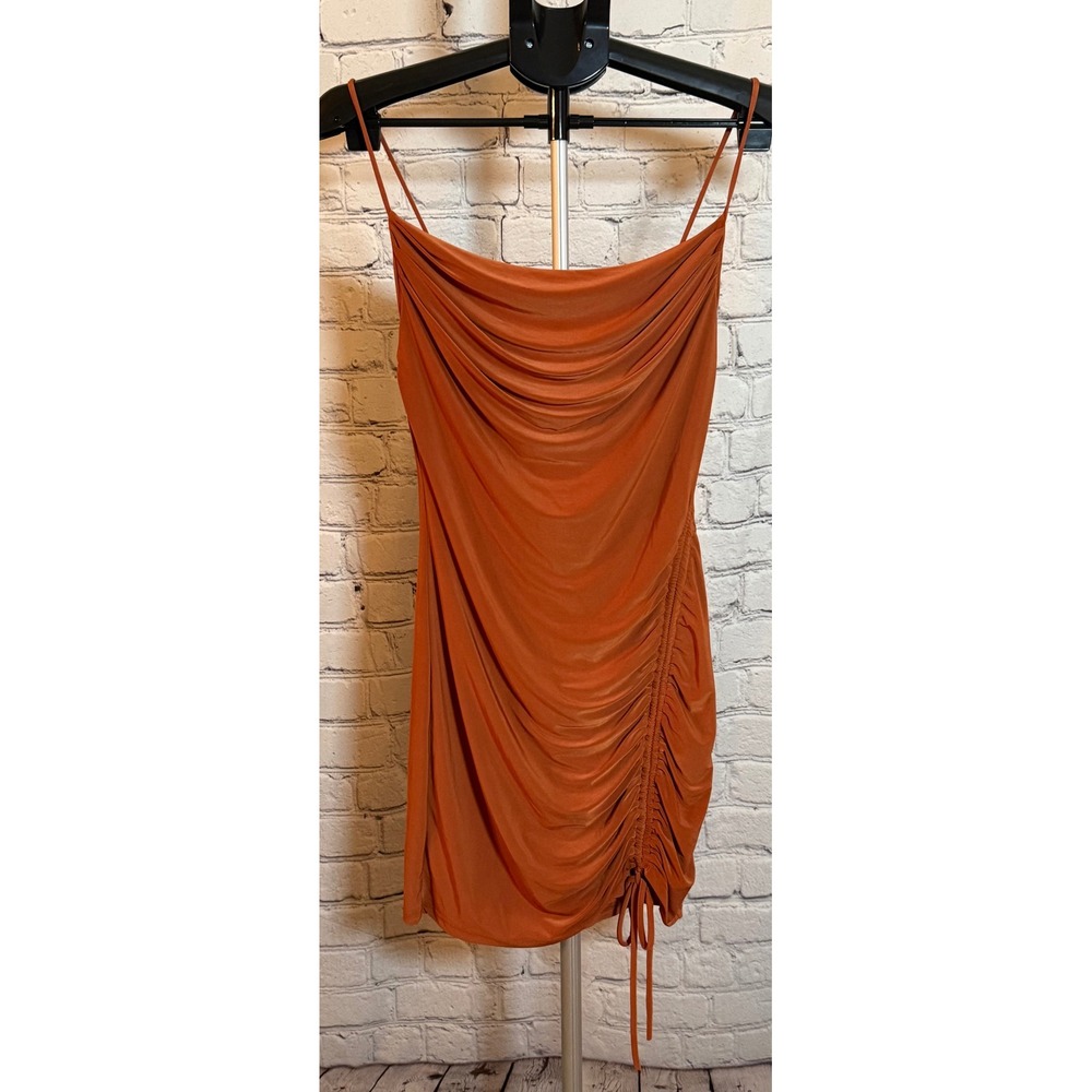 TRESSER Jillian Mini Dress Rust Orange Cowl Neck Ruched Side Medium NEW